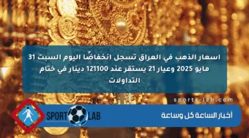 أسعار الذهب في العراق تسجل انخفاضًا اليوم السبت 31 مايو 2025 وعيار 21 يستقر عند 121100 دينار في ختام التداولات